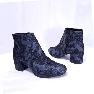 Francescas Floral Jacquard Block Heel Ankle Boots Women 7.5M Black Blue Metallic